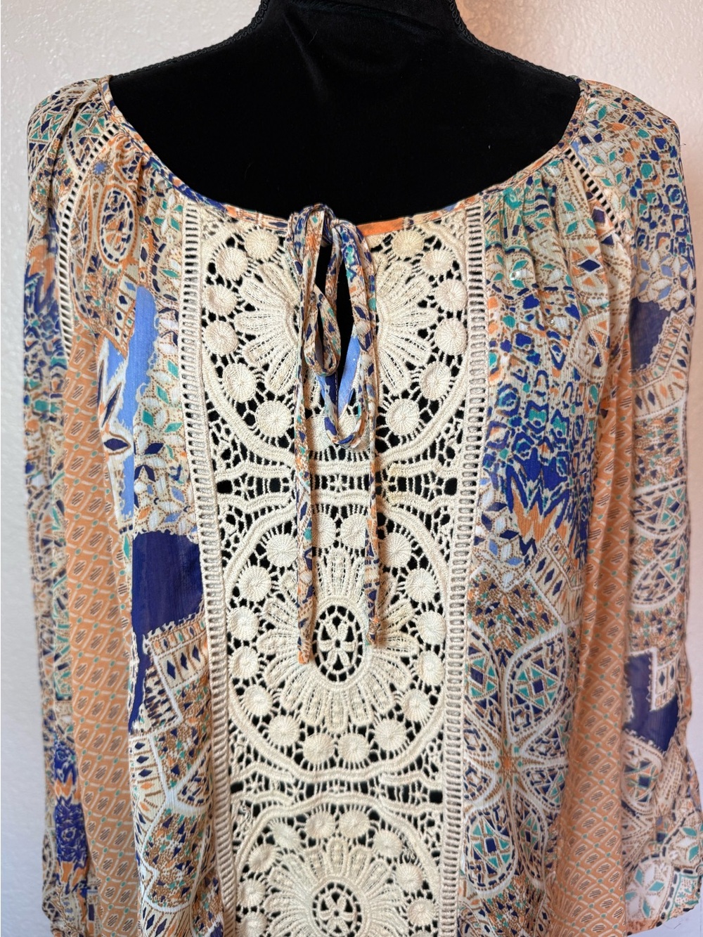 Anthropologie Meadow Rue Roselle Peasant Blouse Crochet Insert Semi Sheer Large - Picture 2 of 14